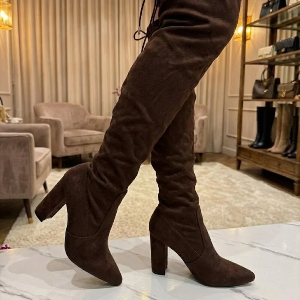 NWT Bamboo Dark Brown Suede OTK Boots 👠 3.5" Block Heel Thigh High Glam - Picture 5 of 8